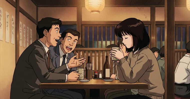 이자카야에서 동료들 대화 곁에 컵만 쥐고 앉아 있는 애니메이션 속 사람
